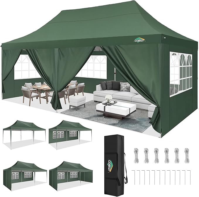 COBIZI 10x20 Pop Up Canopy with 6 Sidewall, Commercial Canopy UPF 50+ Waterproof Outdoor Gazebo with Carry Bag, Tents for Parties with Upgrade Frame, 3 Height Adjustable, Army Green