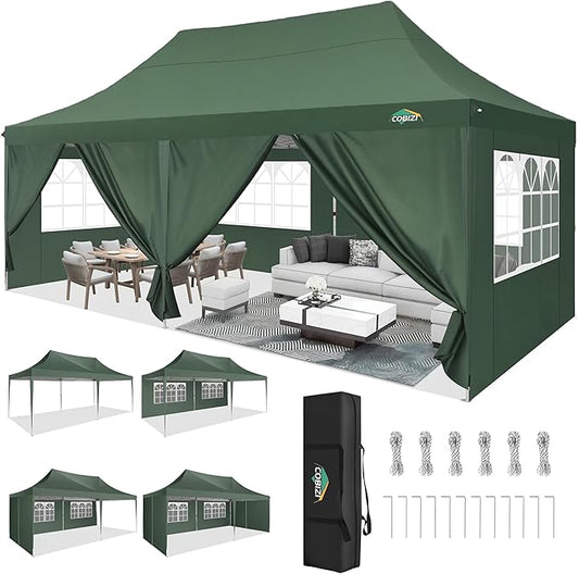 COBIZI 10x20 Pop Up Canopy with 6 Sidewall, Commercial Canopy UPF 50+ Waterproof Outdoor Gazebo with Carry Bag, Tents for Parties with Upgrade Frame, 3 Height Adjustable, Army Green