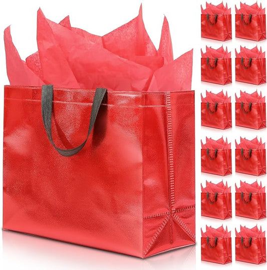 KeerxunBag 12Pcs Reusable Gift Bags（Includes Tissue Paper） Gift bag with handle Birthdays Parties Holidays Weddings Medium 13x5x11in Red Gift Bags