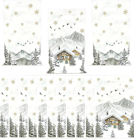 Haooryx Winter Camp Gift Bag - 50 Pcs White Winter Snowflake Wonderland Adventure Baby Shower Party Favor Goodie Bag Handles Bulk Wedding Party Supplies Holiday Plastic Gift Wrap Wrapping Heavy Duty
