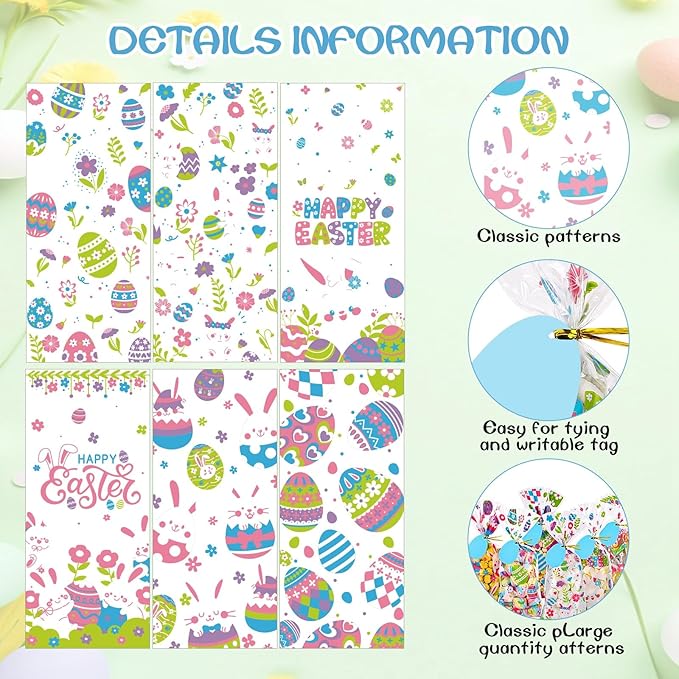 woric 100PCS Easter Cellophane Treat Bags with Gift Tags Easter Bunny Candy Bags Clear Egg Goodie Bag with 100 Twist Ties for Spring Party Favor Supplies