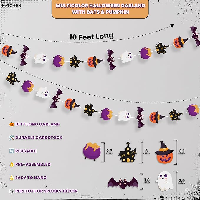 KatchOn, Multicolor Halloween Garland Backdrop - Huge Pack of 9 | Halloween Decorations with Ghosts, Pumpkins, Bats & Haunted Houses | Spooky Party Supplies Indoor and Outdoor, Photo Booth Backdrop