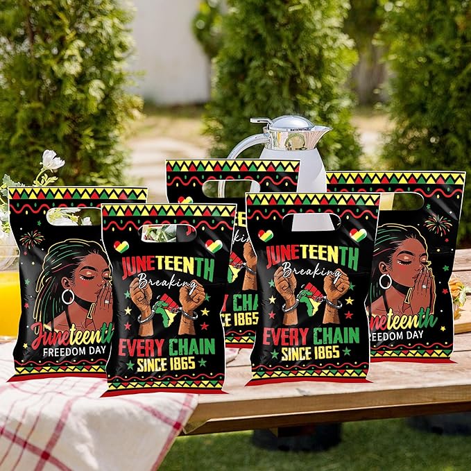 MOIZYNG 50Pcs Juneteenth Gift Bags with Handles, Black Juneteenth Freedom Day Plastic Candy Treat Goodie Bags for African American Independence Day Party Favors Supplies