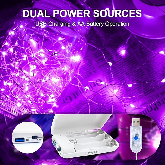 Aogist 2-Pack 50LED Fairy Lights 16ft Dual Power(USB/Battery) with Remote & Timer, 8 Modes Flexible Copper Wire Waterproof String Lights for Outdoor Christmas Wedding Bedroom Party Decor,Purple