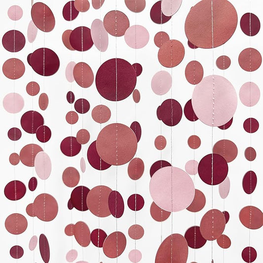 Burgundy Dusty Pink Decorations Circle Dot Garland Maroon Pink Hanging Polka Dot Streamer Banner for Wedding Birthday Bridal Shower Engagement Baby Shower Graduation Anniversary Garnet Party Supplies