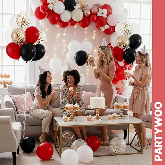 PartyWoo Red and Black Balloons 66pcs 12 Inch Matte Black Red White Confetti Balloons for Graduation Men Birthday Wedding Anniversary Bachelorette Racing Car Casino Retirement Party Decorations