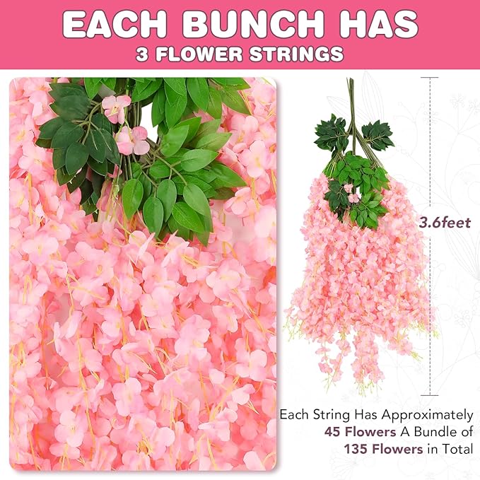Alotiki Wisteria Hanging Flowers,12 Pack Fake Hanging Flowers,Wisteria Artificiales Garland for Home Wedding Arch Floral Party Garden Ceremony Outdoor Decor,3.6 Feet Long(12,Pink)