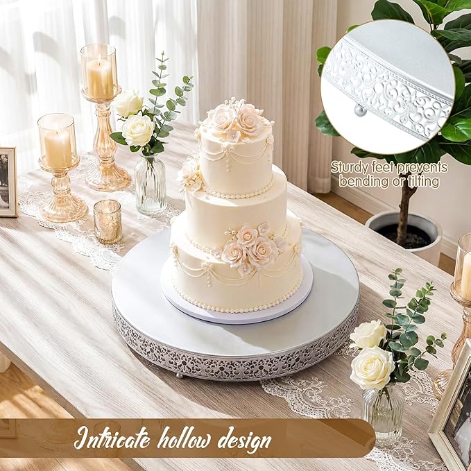 Wenqik 20 Inch Silver Cake Stand Set Metal Round Cupcake Dessert Stand with Cake Cutting, Spatula Wedding Cupcake Pastry Display Candy Holder Display for Wedding Party Birthday Baby Shower(Classic)