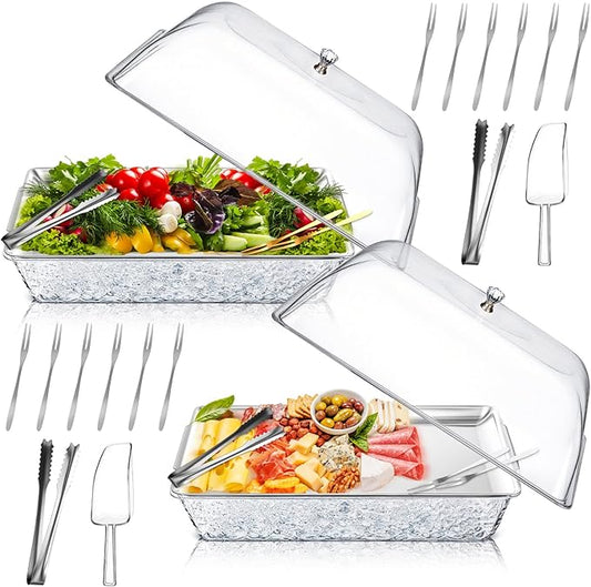 Baderke 2 Sets 16" x 9" Chilled Serving Tray for Parties with Compartments and Lid Charcuterie Serving Board Ice Rectangle Chilled Party Platter for Seafood Vegetable Fruit Shrimp Cocktail (Silver)
