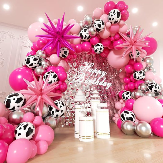 Disco Cowgirl Party Decorations 181Pcs Hot Pink Silver Cowgirl Balloon Arch Garland Kit for Anniversary, Bachelorette,Cow Girl Birthday, Farm, Western, Cowboy Theme Party Decoration