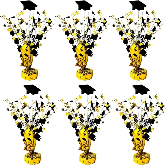 FUBININA 6 Pack 2026 Graduation Table Centerpiece Party Decoration Metallic Foil Spray Glitter Graduate Cap Decor Star Table Top for Graduation Parties Grad Ceremonies Party Favor, Black and Gold