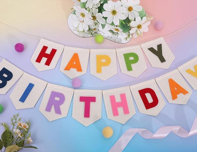 Colorful Happy Birthday Banner - Rainbow Birthday Party Decorations,Bohemian Felt Happy Banner,Colorful Felt Garland Photo Backdrop,Boho Rainbow Party Wall Hanging Decorations