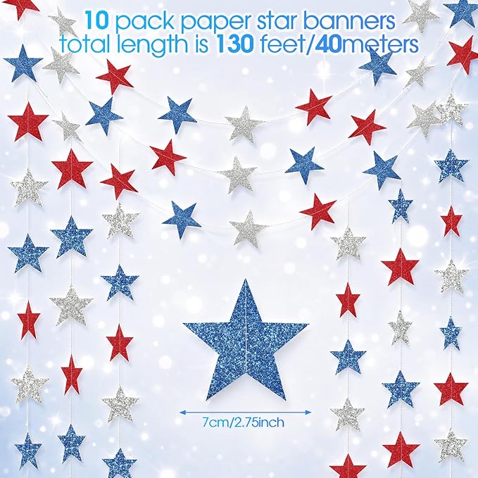 Patelai Glitter Star Garland Banner 2026 Graduation Decor 130 Feet Star Hanging Banner Twinkle Backdrop for Party Birthday Classroom Wedding Supplies(Red, Blue, Silver)