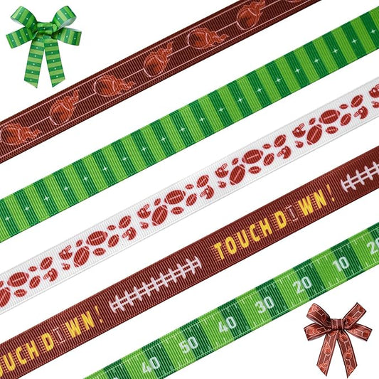 Football Ribbons 5 Rolls 20 Yards Total, 5/8" Sports Grosgrain Football Themed Ribbons for Gift Wrapping Crafts Making Hair Bows and Team Party Decor