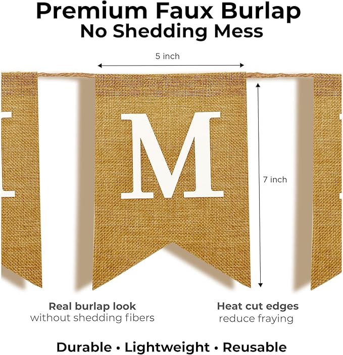 Pre-Printed Banner Kit – 97 BURLAP Flags with WHITE Letters, Numbers & Symbols, Reusable DIY Custom Banner, Make Your Own Personalized Party Banner, Faux Burlap, Includes Twine & 2 Needles