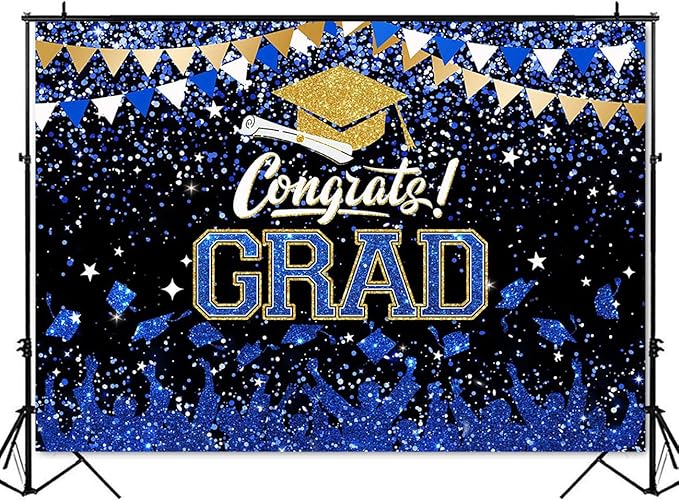 Mocsicka Graduation Party Decorations 2026 Congrats Grad Backdrops for Photography Bachelor Cap Congratulations Grad Photo Backdrop Graduation Prom Party Supplie (Blue and Gold, 10x8ft(120x96 inch))