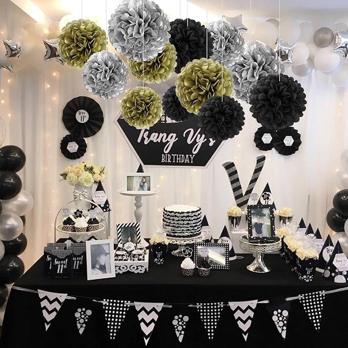 18 PCS Tissue Paper Pom Poms, Tissue Pom Poms Flowers, Sizes of 6", 10", 12", 14" Hanging Paper Flower Ball for Wedding, Birthday, Halloween, Christmas, New Years Party Decor (Black Gold Silver)