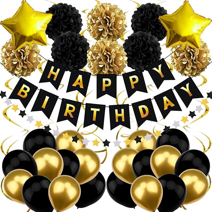 Birthday Decorations for Men, Black and Gold Party Decorations Happy Birthday Banner for Boys Men 40th 50th 60th 70th 80th 90th Party Supplies