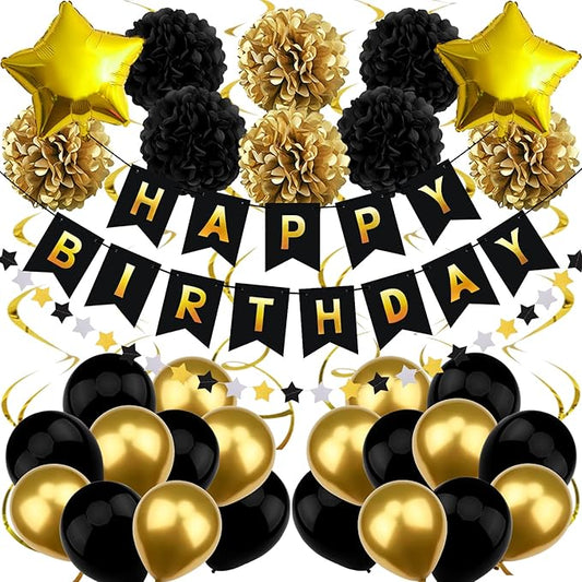 Birthday Decorations for Men, Black and Gold Party Decorations Happy Birthday Banner for Boys Men 40th 50th 60th 70th 80th 90th Party Supplies