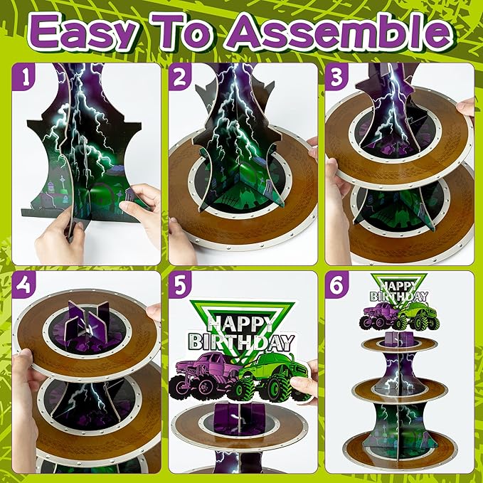 Haooryx Monster Truck Cupcake Stands - 2 Pcs 3-Tier Green Purple Monster Truck Cupcake Dessert Table Display Tower Cardboard Cake Holder Serving Tray Baby Shower Birthday Tea Party Decoration Supplies
