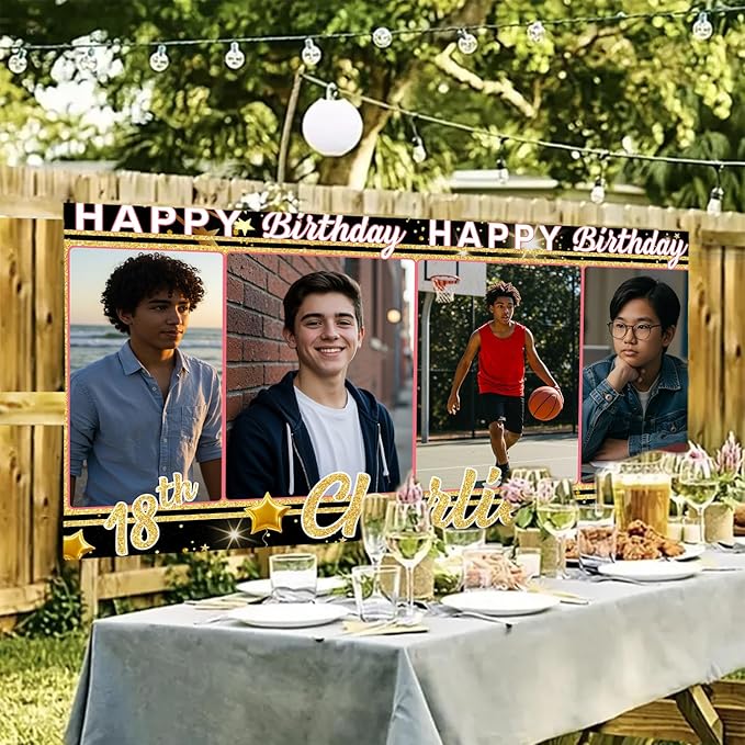 Personalized Happy Birthday Banner with Pictures, Custom Backdrop Decorations for Men Husband Him, Celebration Party Banner with Name for All Age Events