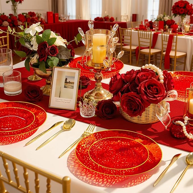 Rubtlamp 175 Pcs Plastic Dinnerware Set (25 Guests), Red And Gold Plastic Plates, Hammered Party Plates Set Include Dinner Plates, Dessert Plates, Cups, Cutlery Set And Napkins for Wedding And Party