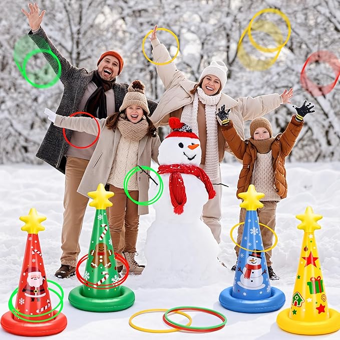 5 Pack Inflatable Christmas Ring Toss Game Set Holiday Party Supplies Indoor Outdoor Family Christmas Games for Kids Adults Xmas Party Decorations Carnival Games with Toss Rings and Pump