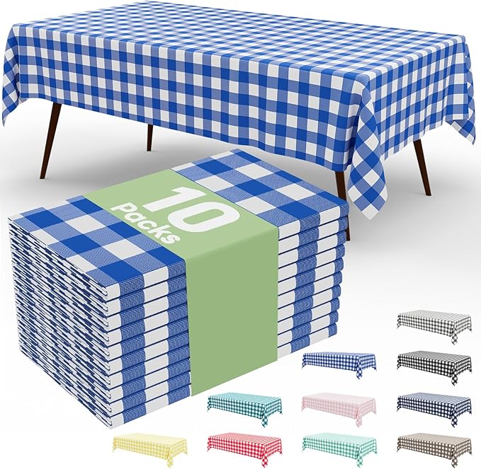 misaya 10 Packs Buffalo Disposable Table Cloth, 54 x 108 Inch Waterproof Plastic Tablecloth, Rectangle Blue and White Checkered Table Covers for Picnic, Birthday, Party