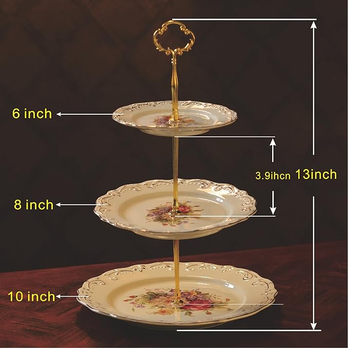 YOLIFE Flowering Shrubs 3 Tiered Cupcake Stand, Emboss Golden Leaves Edge Pastry Tower, 6-8-10 inch