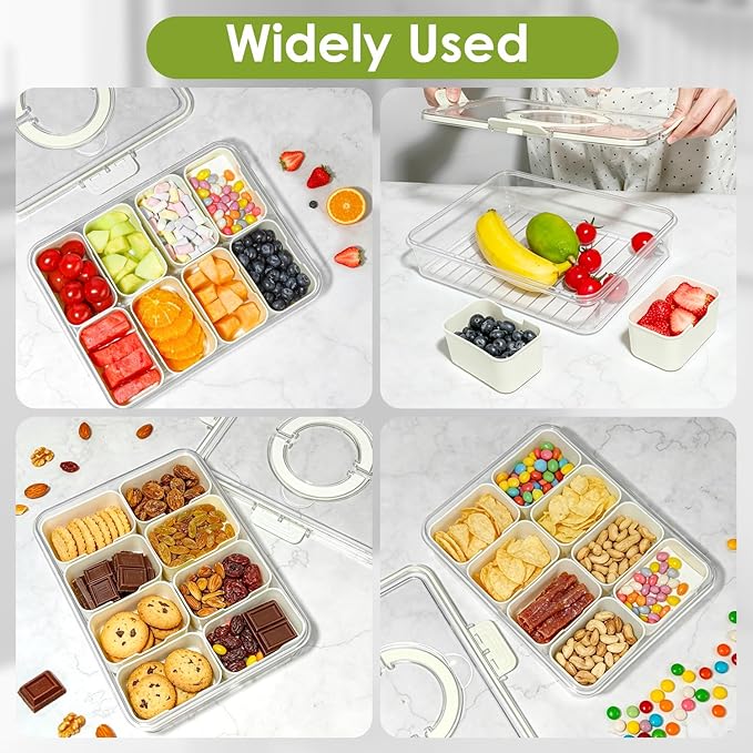 HRXFOZ Divided Serving Tray with Lid and Handle,8 Compartments Snacks Box,Snack Fruit and Veggie Tray,Portable Platter for Candy Fruits Nuts Snack Party Entertaining Picnic (1 PCS)