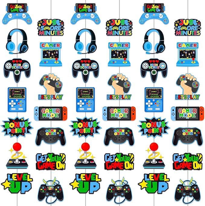 Video Game Garlands Blue Video Gamer Birthday Party Decorations 6Pcs Video Controller Hanging Paper Garlands Gaming Theme Banners for Game Player Level Up Baby Shower Party Supplies