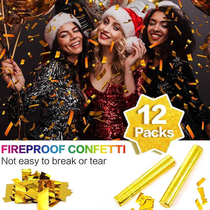 Gold Confetti Poppers - 12 Pack Golden Confetti Cannon for Wedding, Birthday, Graduation, Baby Shower, Anniversary, Christmas, New Year's