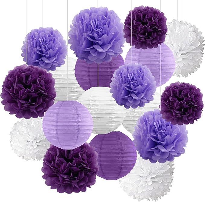 BEISHIDA Purple White Tissue Hanging Paper Flowers Lanterns Party Decorations Set for Birthday Graduation Baby Shower Bridal Bachelorette Wedding Photo Booth Backdrops Party Supplies(18 Packs)
