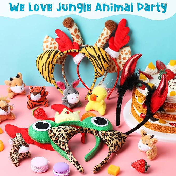 28 Pieces Safari Animal Headbands with Ears, Horns, and Hoops - Jungle Theme Birthday Photo Props for Kids and Adults
