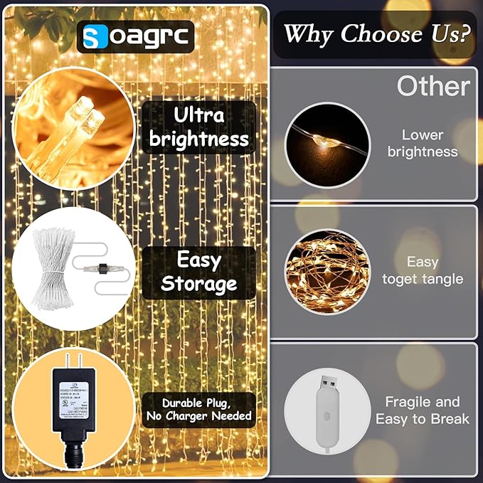 300 LED Curtain String Lights 9.8 * 9.8FT Plug in Fairy Lights with Timer and 8 Modes, Waterproof Window Wall Lights for Bedroom Wedding Party Indoor Outdoor Christmas Decor