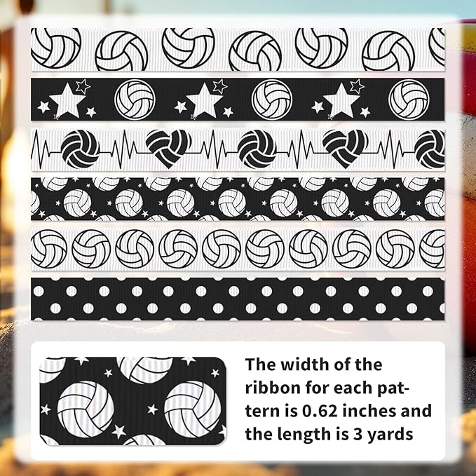Volleyball Ribbon, 6 Pack (5/8 Inch x 3 Yards Each), Black White Sports Grosgrain Ribbon, Stars & Heartbeat Pattern for Team Gift Wrapping, Hair Bows, Party Decoration