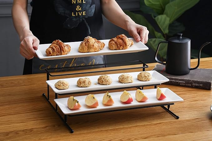 3 Tier Collapsible Thicker Sturdier Plate Rack Stand with Plates - Three Tiered Cake Serving Tray - Dessert Fruit Presentation - Party Food Server Display - 3 White 12' x 6" Porcelain Platters Incl