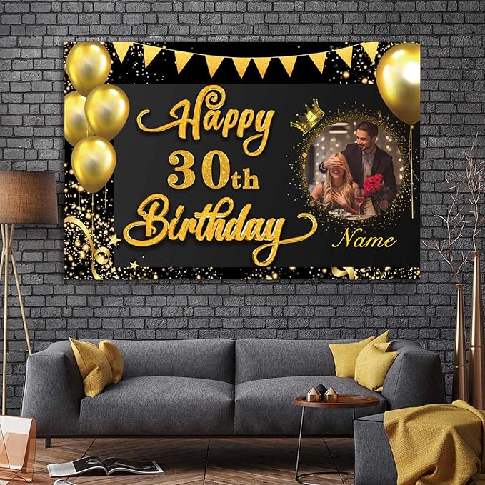 Custom Happy 30th Birthday Decorations Banner -30 Years Old Birthday Decorations Backdrop for Women Men Boys Girls - Personalization Happy 30th Birthday Party Decorations Supplies - Black and Gold