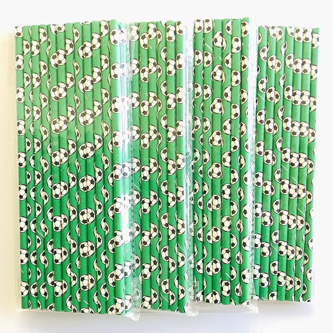 100 pcs Sports Party Paper Straws, Green Black White Soccer Football Bar Soda Juice Drinking Straws, Kids Boy Birthday Baby Shower Game Day World Cup Ball Cake Pop Sticks (Green With Soccer)