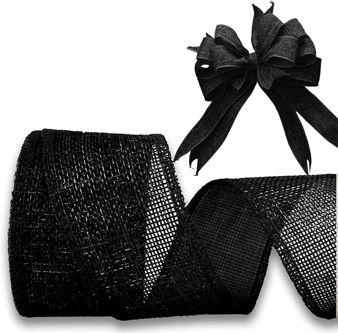 Black Burlap Ribbon 2 inch X 10 Yard Natural Burlap Woven Ribbons DIY Handmade Edging Production Wreath Holiday Decoration Gift Ribbon for Gift Wrapping Jute Linen Black Ribbons