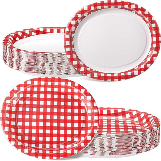 Havawish 50 Pcs Red Gingham Oval Paper Plates Heavy Duty 10" x 12" Disposable Dinner Platters Large Christmas Red and White Plaid Plates for Wedding Bridal Baby Showers Birthday Party Supplies