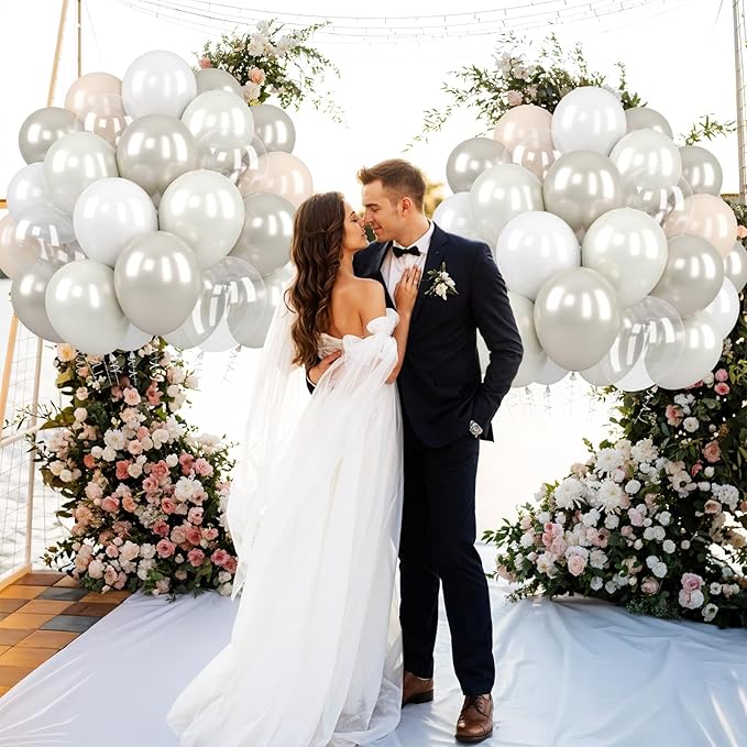 Pearl White Balloons Set, 60PCS Double Stuffed Pearl Balloons, 12 Inch Ivory Sand White Latex Transparent Clear Balloon Helium for Birthday Wedding Engagement Bridal Baby Shower Party Decorations