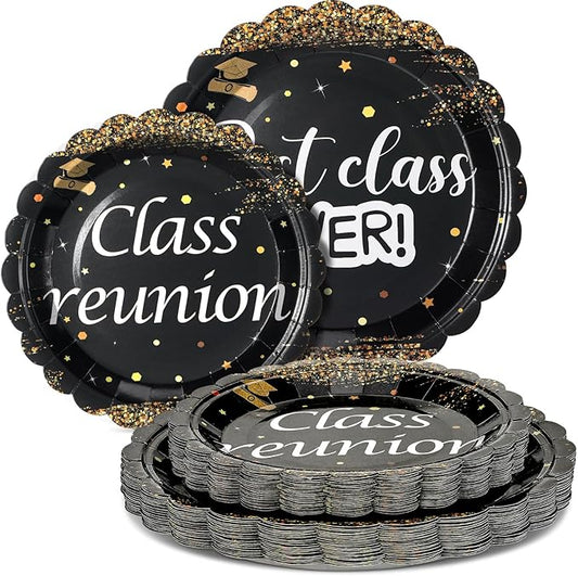 Havawish 60 Pcs Class Reunion Party Decorations Black Gold Reunion Paper Plates Best Class Ever Scalloped Plates Graduation 40th 50th Anniversary Gathering Party Supplies
