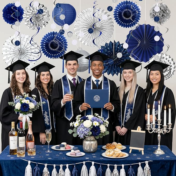MEIDUO 34 Pcs Blue and Silver Party Decorations, Hanging Paper Lanterns Fans Pom Poms Set, Blue Streamers, 2026 Graduation Party Decorations Supplies, Birthday Decorations for Men Boys