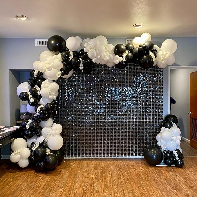 Black and White Balloons Garland Arch Kit with Stars 200Pcs - 5 10 12 18 22 inch Balloon and Confetti Latex Balloons for 2025 Graduation Birthday Anniversary New Year Theme Party Decorations