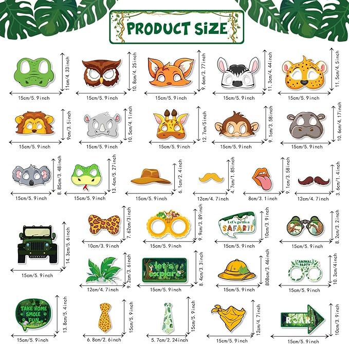 30PCS Jungle Safari Photo Booth Props Wild Animals Forest Themed Party Props Kit for Jungle Safari Kids Baby Shower Birthday Party Decorations Supplies