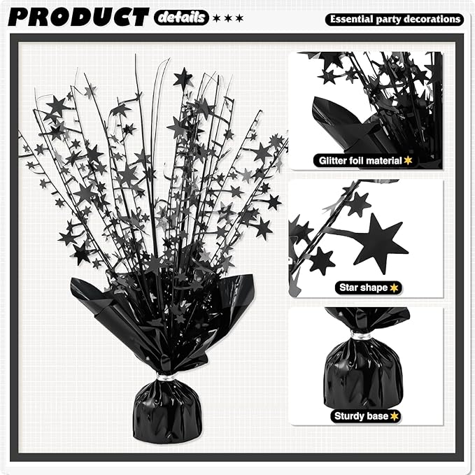 6 Pack Metallic Foil Spray Centerpiece Star Table Decoration Burst Table Centerpieces for Birthday Weddings Anniversaries Christmas New Year Holiday Party Supplies Decor (Black)