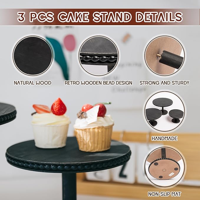 GENMOUS 8", 10", 12" Rustic Farmhouse Cake Stand, Decorative Wooden Beaded Cake and Cupcake Stand Combo for Birthday Party Decor, 3 Tiered Dessert Table Display Set for Wedding, Baby Shower, Black