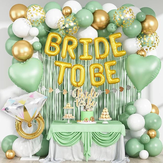 Sage Green Bachelorette Party Decorations, Bride To Be Helium Mylar Foil Letter Balloons with White Gold Camp Latex Balloons and for Bridal Shower Decoration Engagement Hen Wedding Party Decor