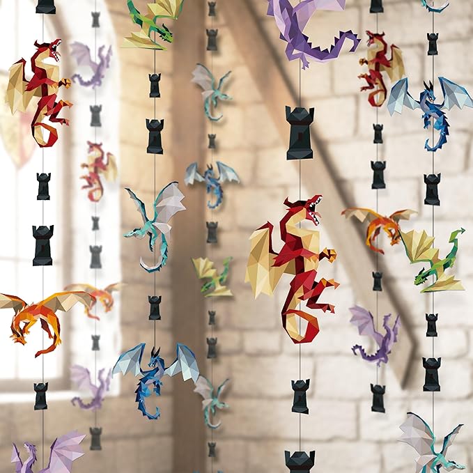 Cheerland Dragon Party Decorations Medieval Dragon Decoration Hanging Fire Wings Garland Geometric Fantasy Castle Streamer Banner Decoration Fantasy Birthday Renaissance Theme Backdrop Pack of 6